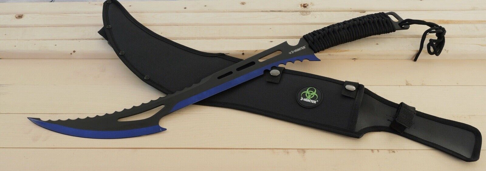 24” Zombie Machete Blue Z-Hunter Full Tang Sawback Nylon Sheath Shoulder Strap L