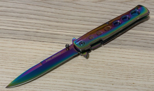 9” Full Size Pocket Knife Spring Assist Milano Metal Handle Spear Point Ti Color