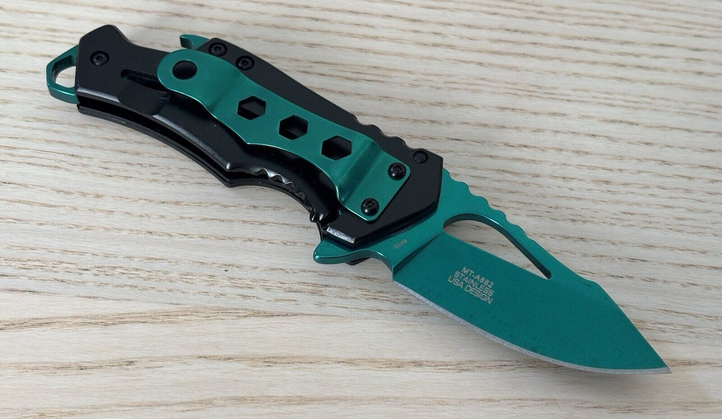 Mini Green Pocket Knife Compact Edc Spring Assisted 2” Blade Bottle Opener Black
