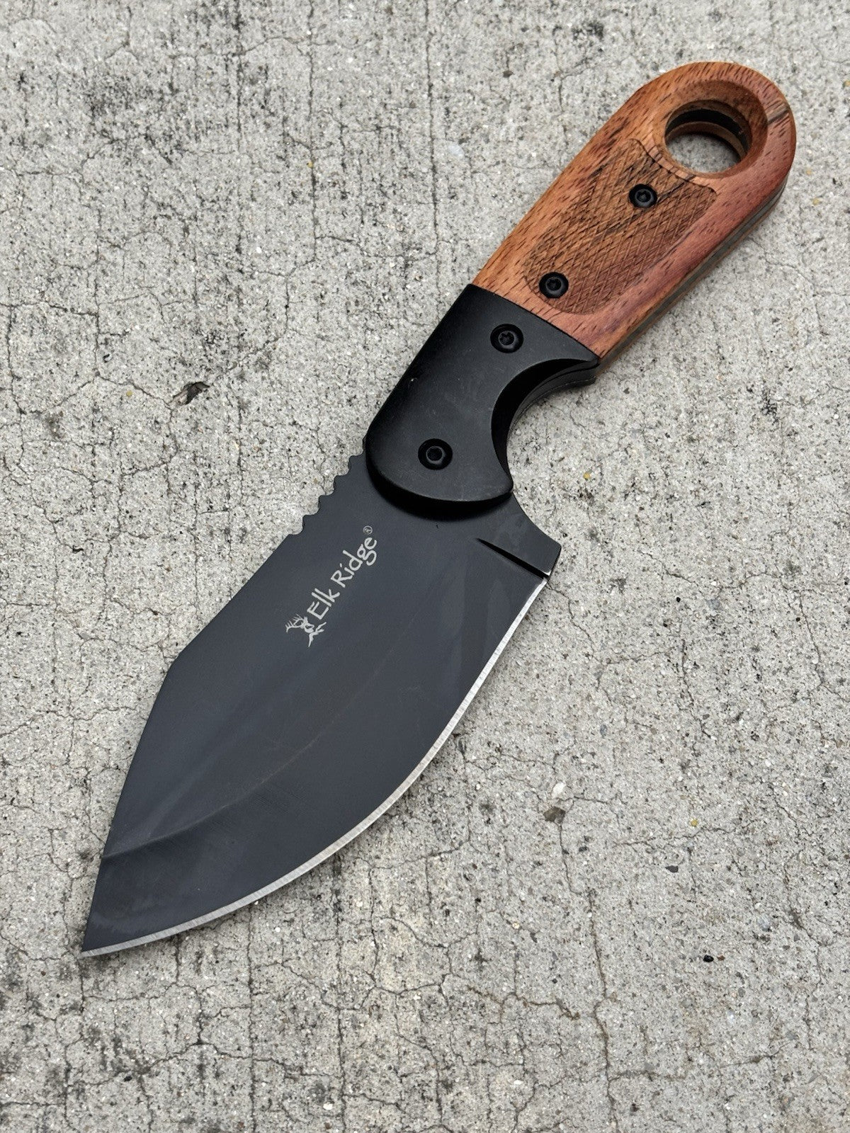Elk Ridge Black Fixed Blade Knife with Wood Handle & Sheath – Durable & Sharp