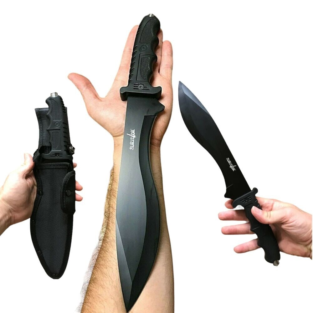 Survivor Fixed Blade Bolo Knife Black Small Machete 16" Glass BREAKER Sheath