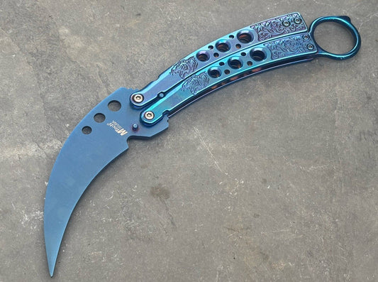 5.5" TRAINING BUTTERFLY Balisong Practice Blue Mirror Flip Trick Toy Blunt