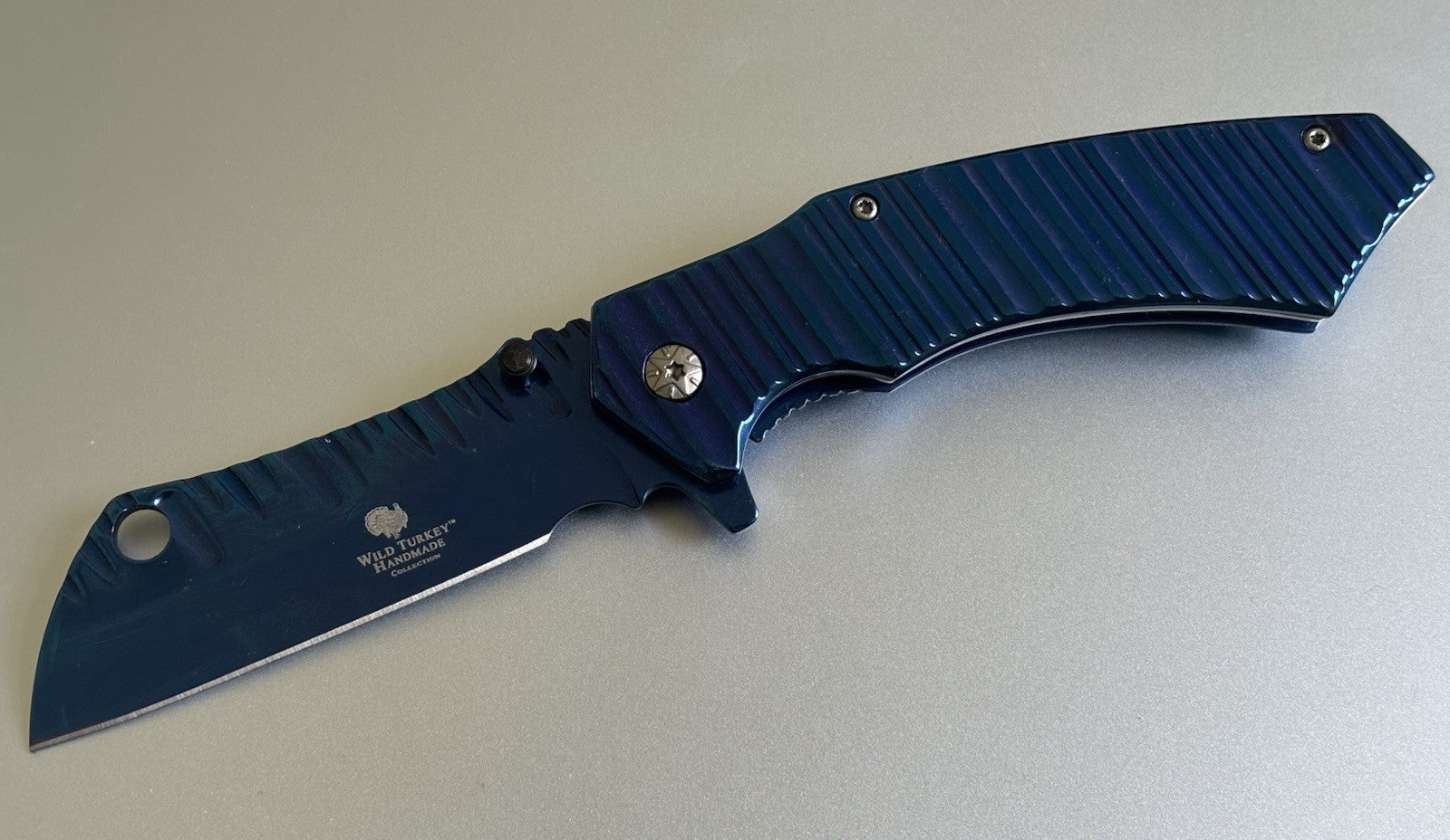 Cleaver Pocket Knife All Metal Blue Handle Spring Assist Frame Lock Heavy Duty