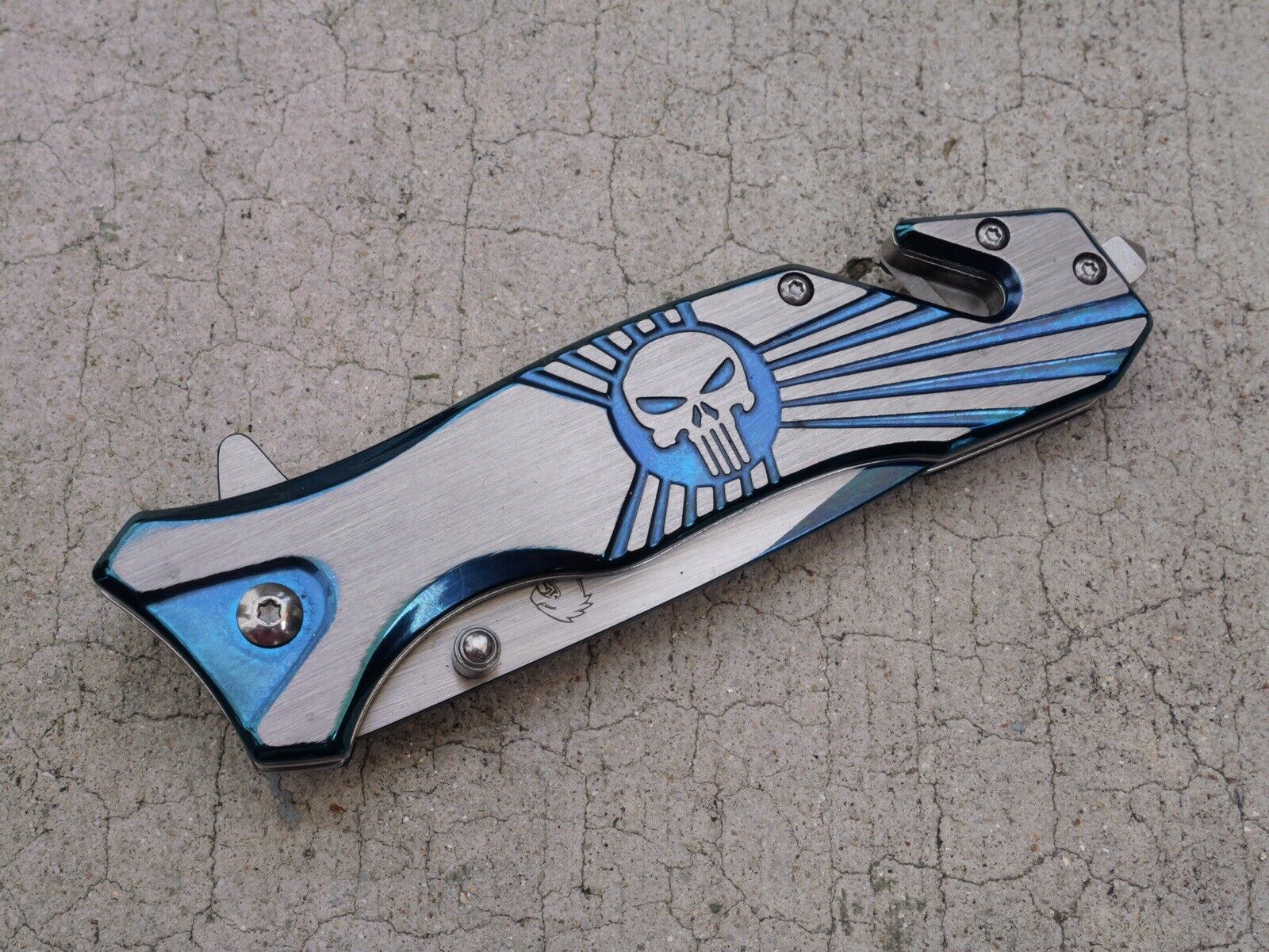 Skull Punisher Pocket Knife All Metal Full Size Window Punch Spring Assist Sharp