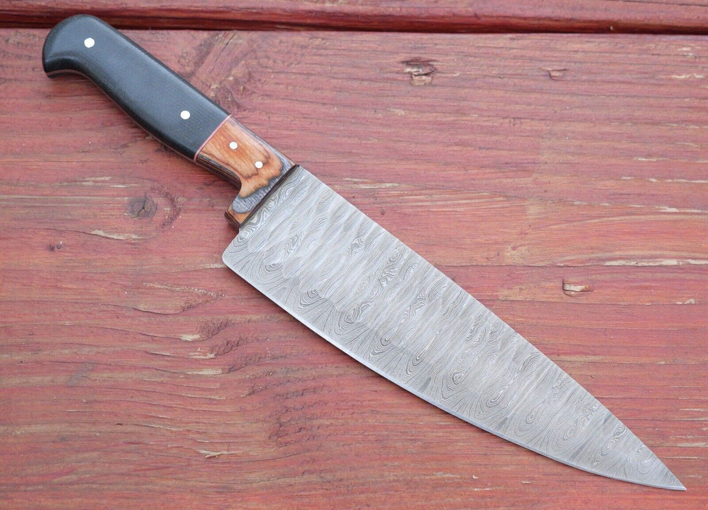 Chef Knife Roll Set Hammered Damascus Blade 12” 5pc Set Leather Sheath Cleaver