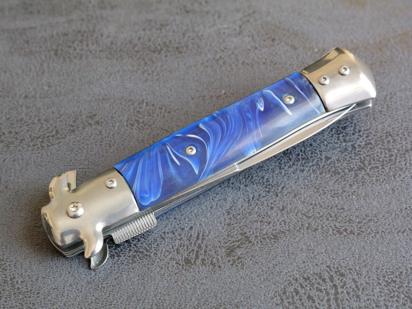 Pocket Knife Vintage Italian Design Blue Pearl Chrome Handle Assisted Deep Carry