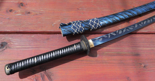 41" Katana Samurai Sword Japanese Blue Blade Feather Design Art Handmade Sharp