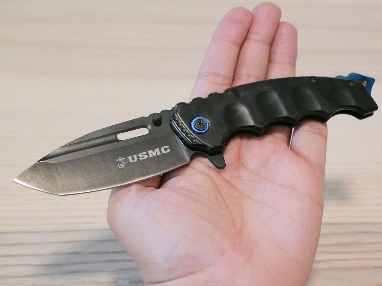 USMC Pocket Knife Spring Assist Black Blue Sharp Heavy Duty Metal Handle XL