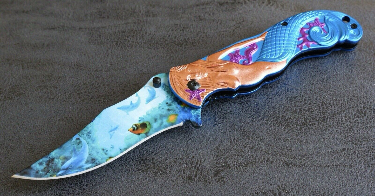 Mermaid Dolphins Pocket Knife Full Size Ocean Sharp Hand Painted Spring Assist