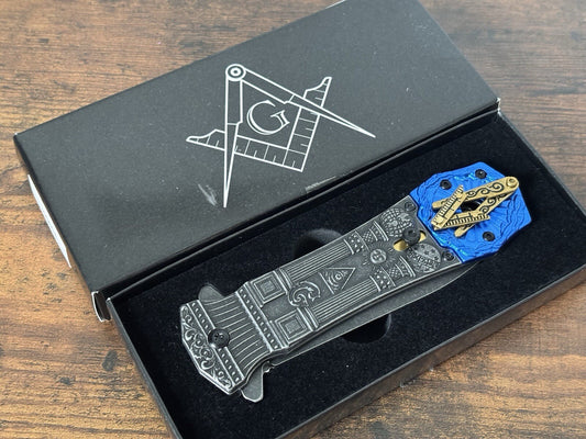 Mason Knife Spring Assist Pocket Knife Blue Gray Belt Clip Spear Point G Masonic
