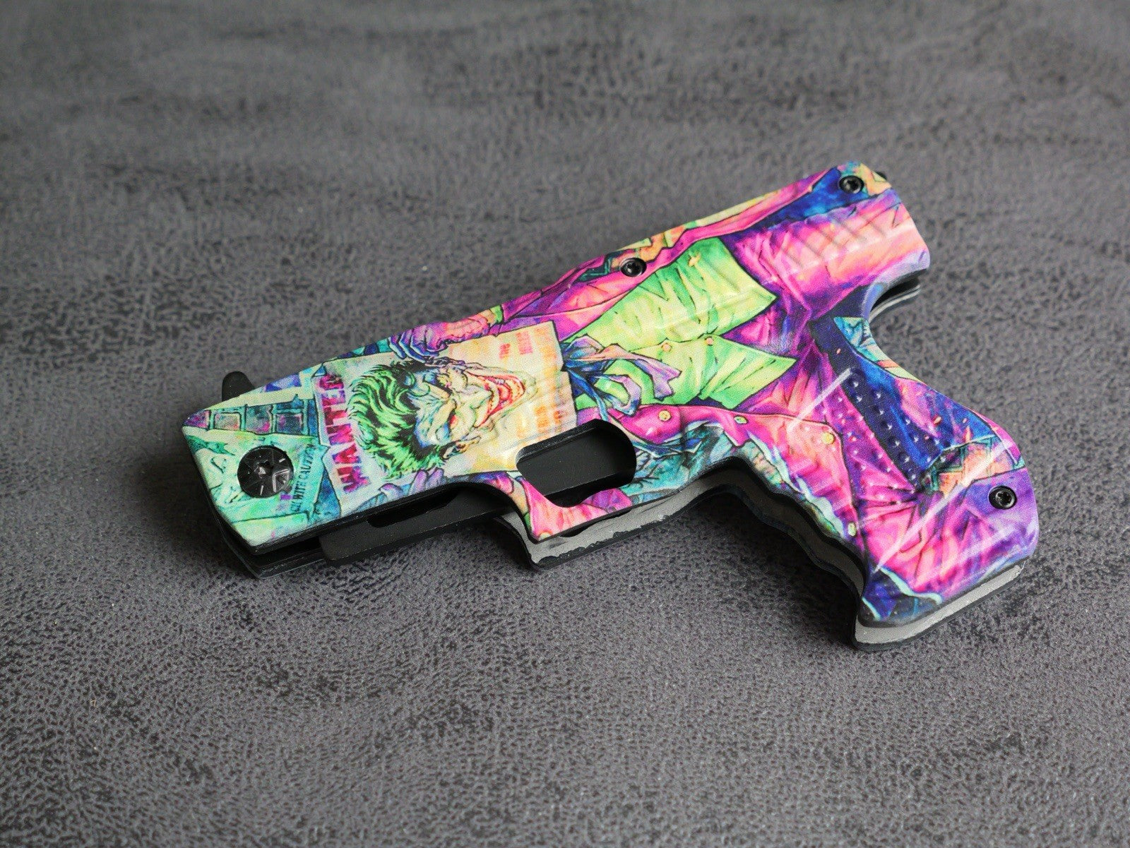 DARK KNIGHT ASSISTED Black Gun Pistol Joker WHY SO SERIOUS FOLDING Pocket KNIFE