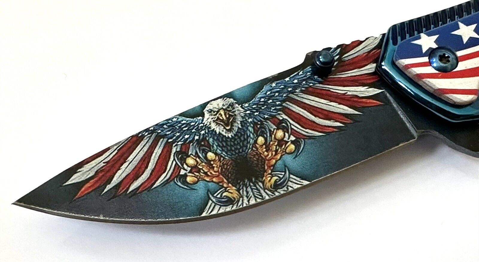 American Eagle Flag Pocket Knife Blue Metal Freedom Full Size 4.5” Sharp Edc