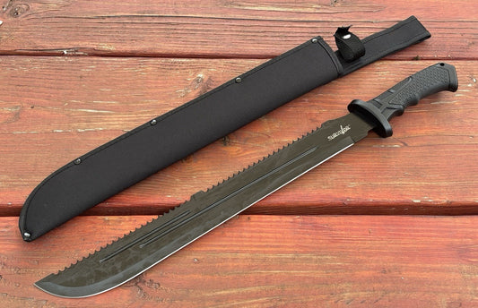 24” Machete Sawback Rubber Handle Black Heavy Duty Nylon Sheath Full Tang