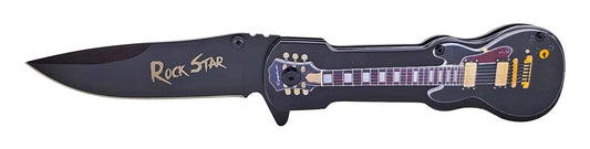 Full Size Guitar Style Handle Spring Assisted Metal Pocket Knife Rockstar Black