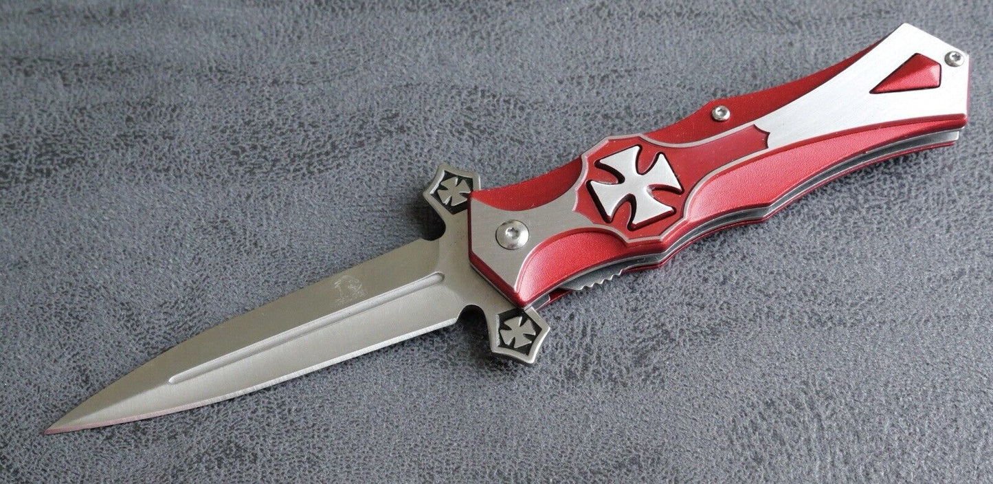 4.5” Cross Pocket Knife Red Full Size Spear Point Chrome Heart Sharp Assisted