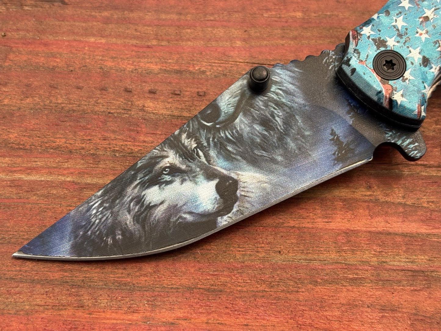 USA Wolf America Flag Pocket Knife Fierce Spring Assist Patriot Redneck Country