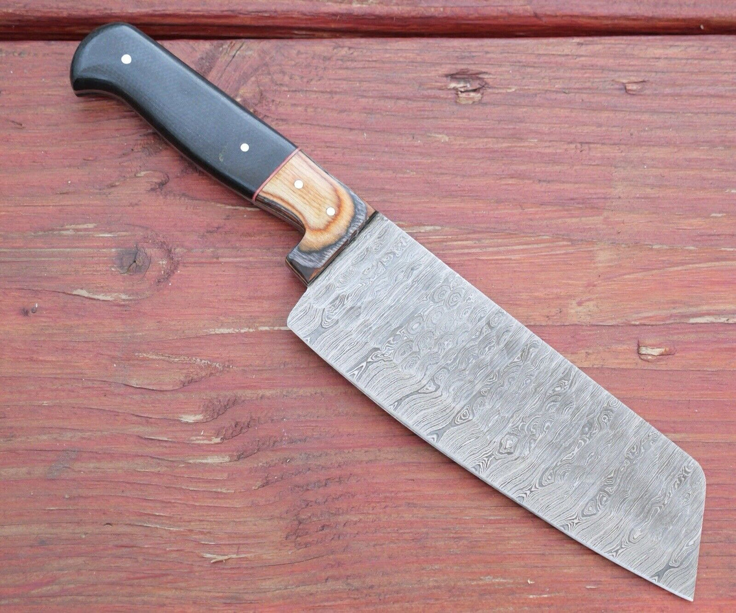Chef Knife Roll Set Hammered Damascus Blade 12” 5pc Set Leather Sheath Cleaver