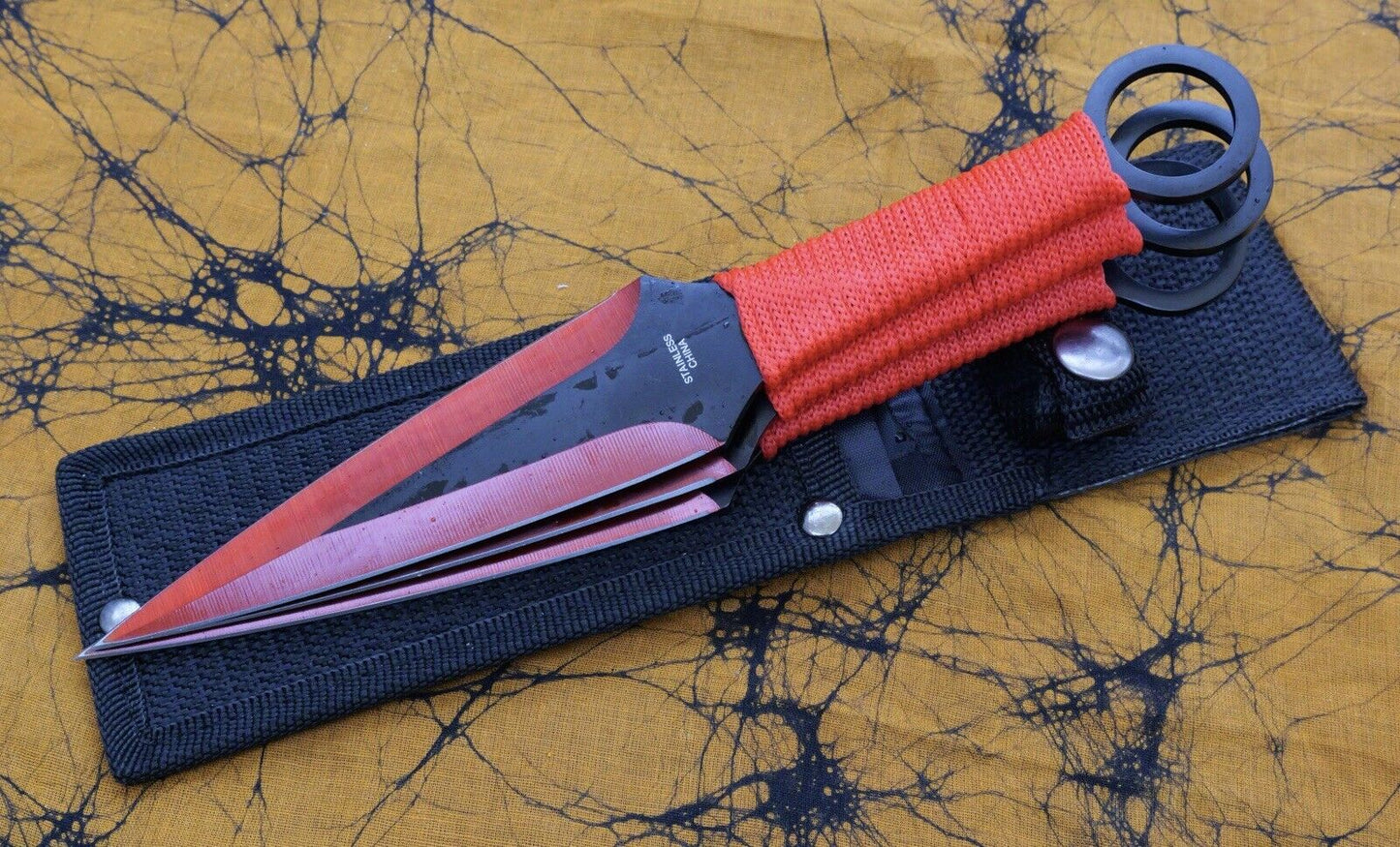 9” Throwing Knife Set 3 Pcs Red Large Kunai Double Edge Spear Tip Balanced Sharp