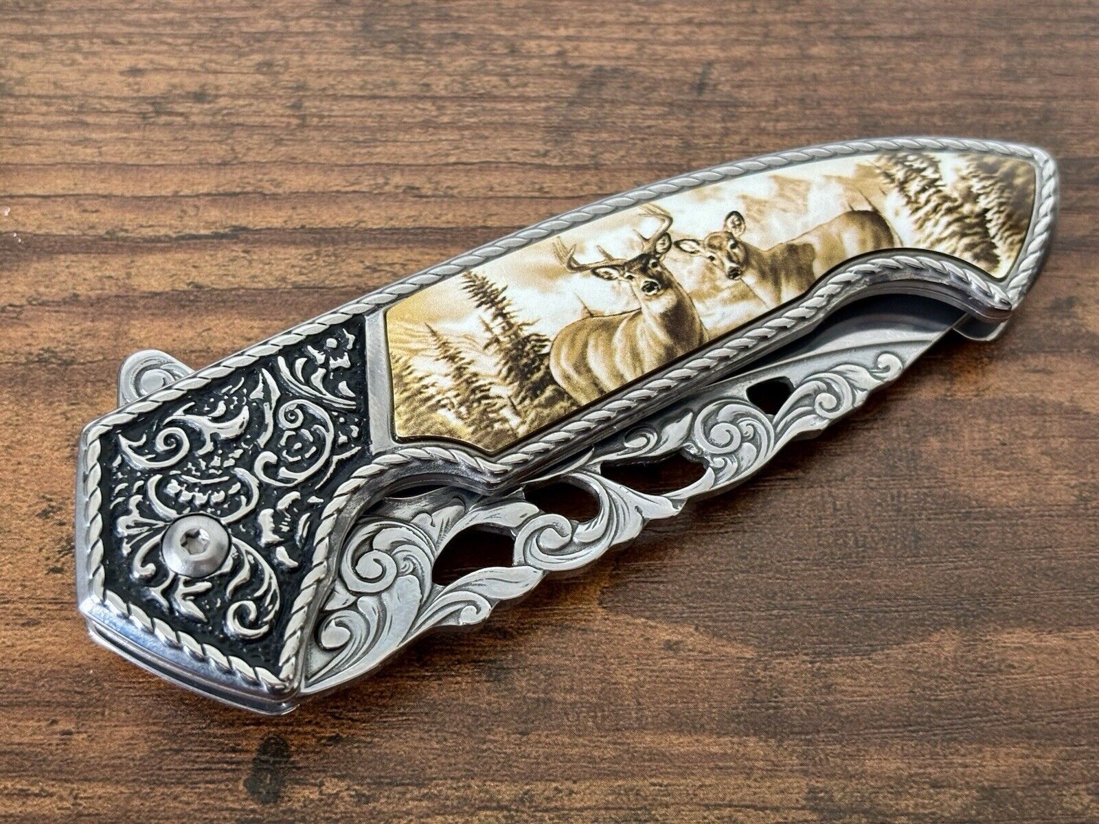 Deer Wildlife Gift Box Knife Stainless Steel Engraved Ornate Faux Ivory Handle 