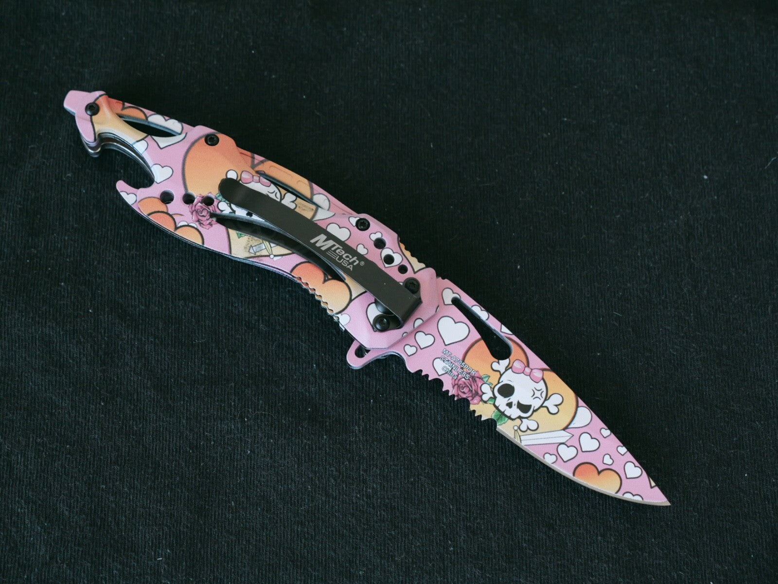 Pink Manga Pocket Knife Kuwaii Skull Heart Spring Assist Bottle Opener Cute