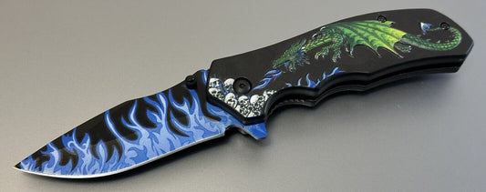 Green Dragon Pocket Knife Full Size Blue Flames 4.5 Inches 440 Steel EDC Clip