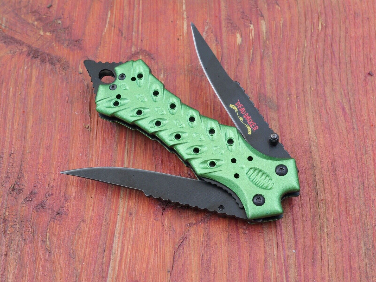 Double Blade Manual Folding Knife Green Stinger Point Full Size Pocket Clip EDC