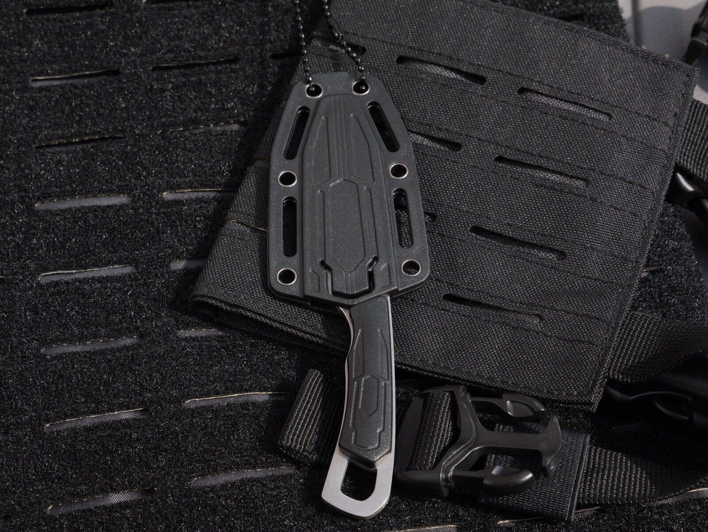 6” Neck Knife Black Drop Point Full Tang Shadow Ops Stealth Secure Hard Sheath