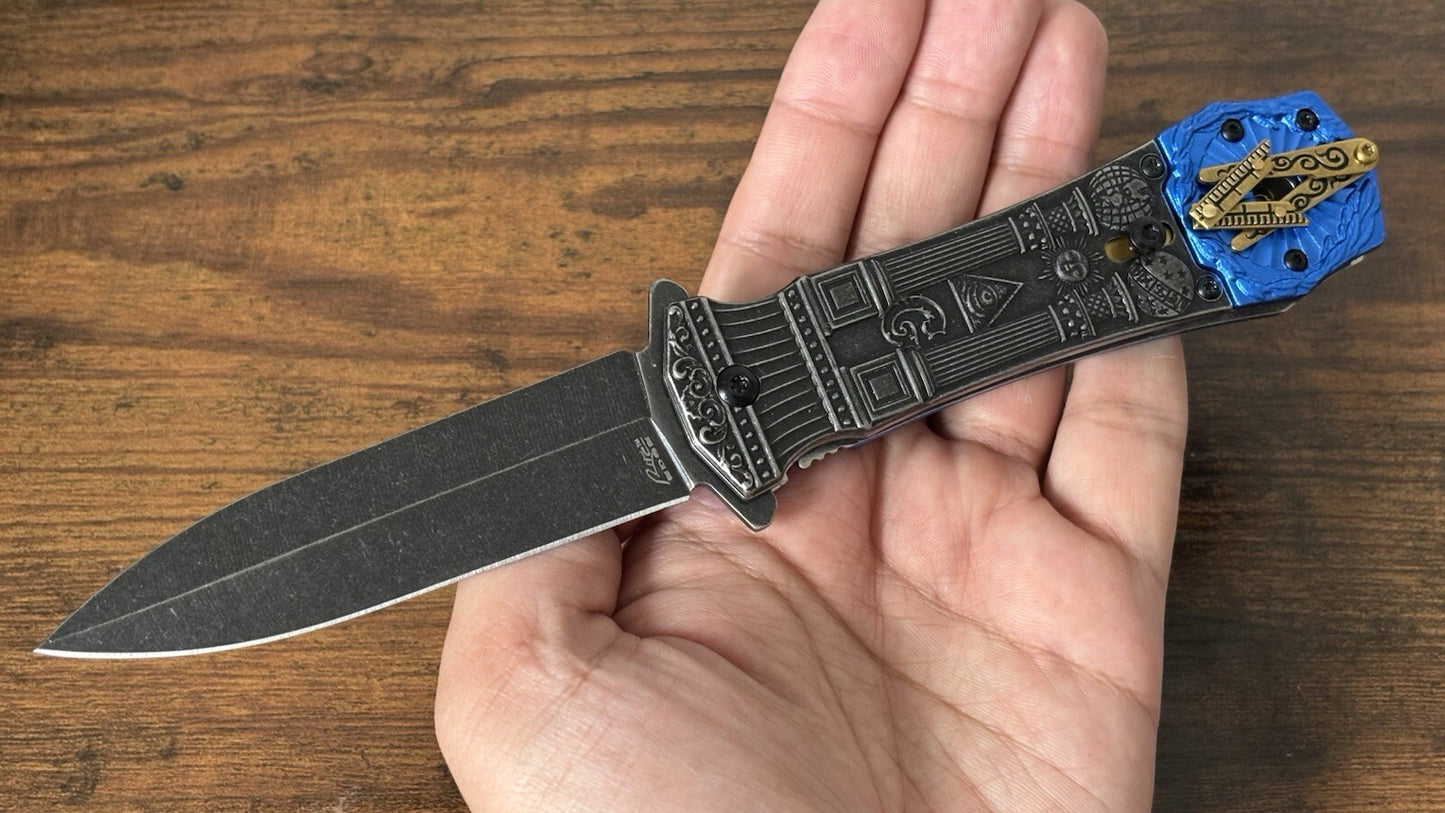 Mason Knife Spring Assist Pocket Knife Blue Gray Belt Clip Spear Point G Masonic