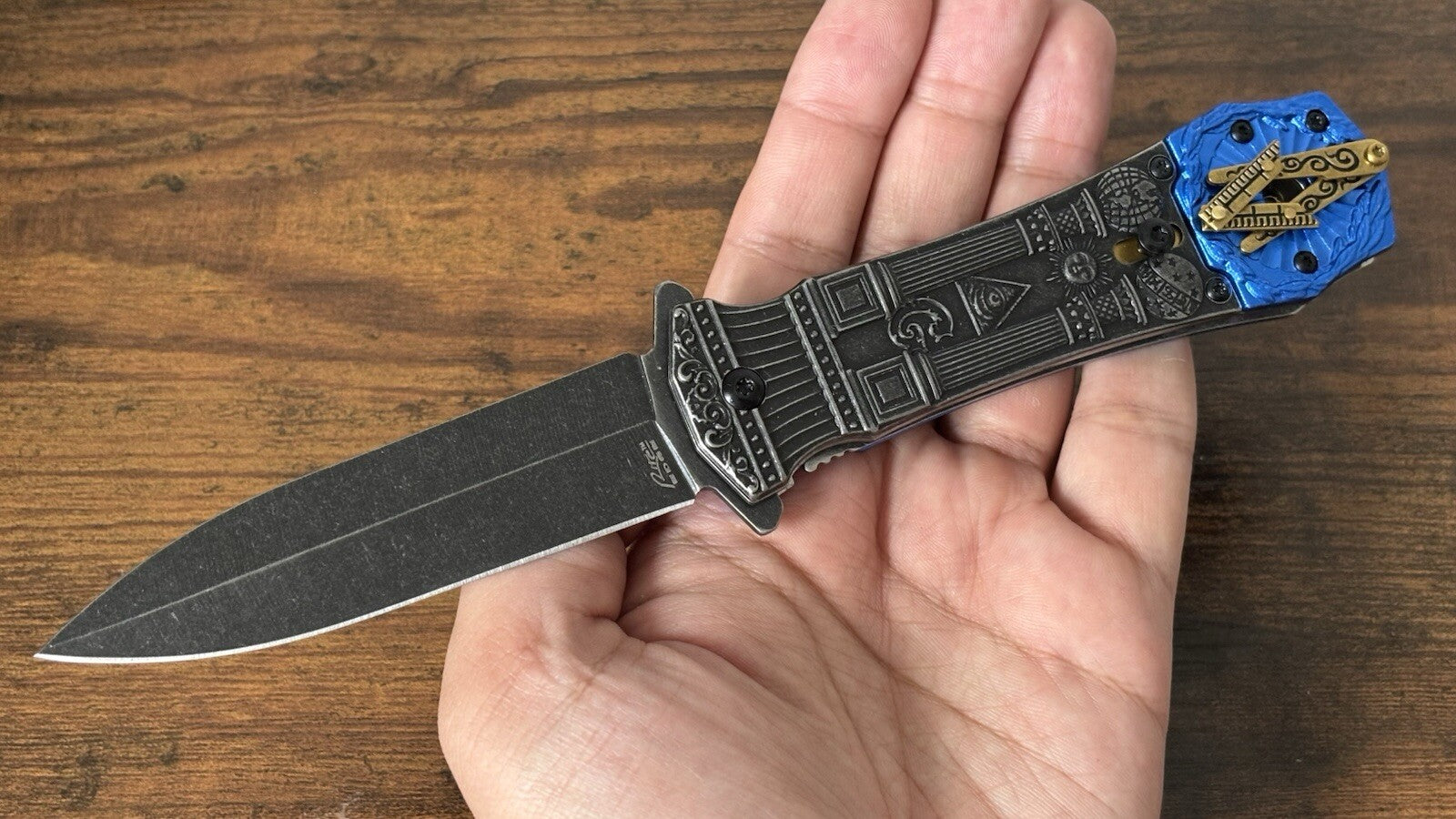 Mason Knife Spring Assist Pocket Knife Blue Gray Belt Clip Spear Point G Masonic
