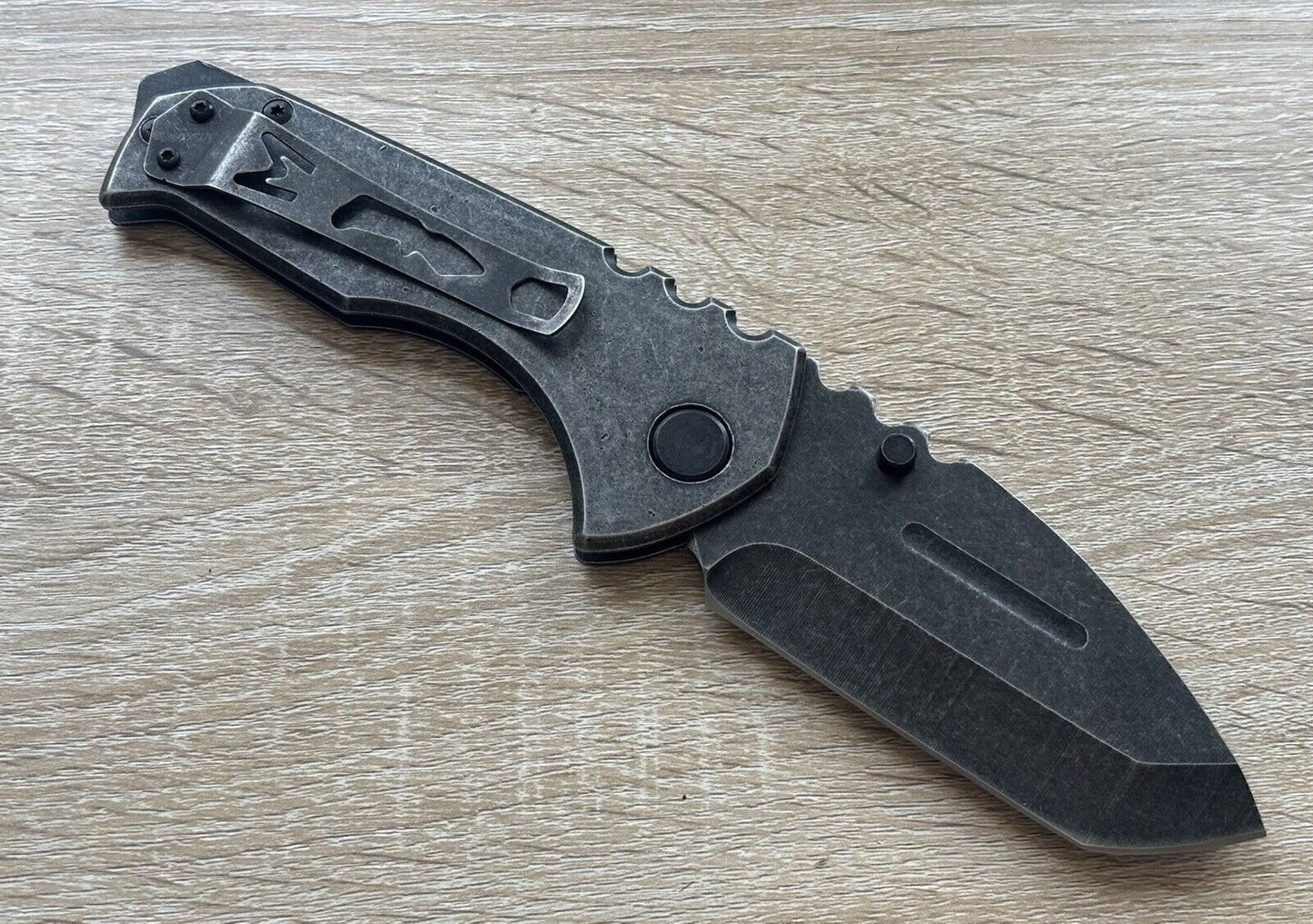 Mega Pocket Knife XL Wide Heavy Duty Manual Stonewashed Sharp Belt Clip Huge Edc