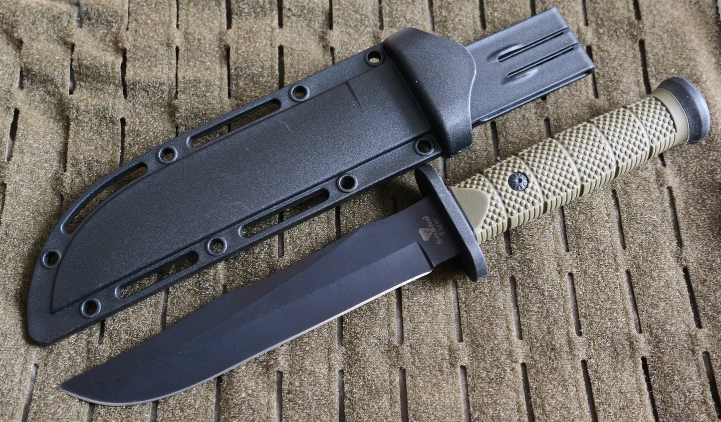 12” Fixed Blade Combat Knife Black Full Tang Rubber Handle Sawback Sharp Marines