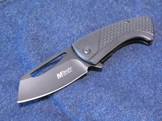 Mini Black Cleaver Spring Assist Pocket Knife 7" overall 2.75" Blade Belt Clip