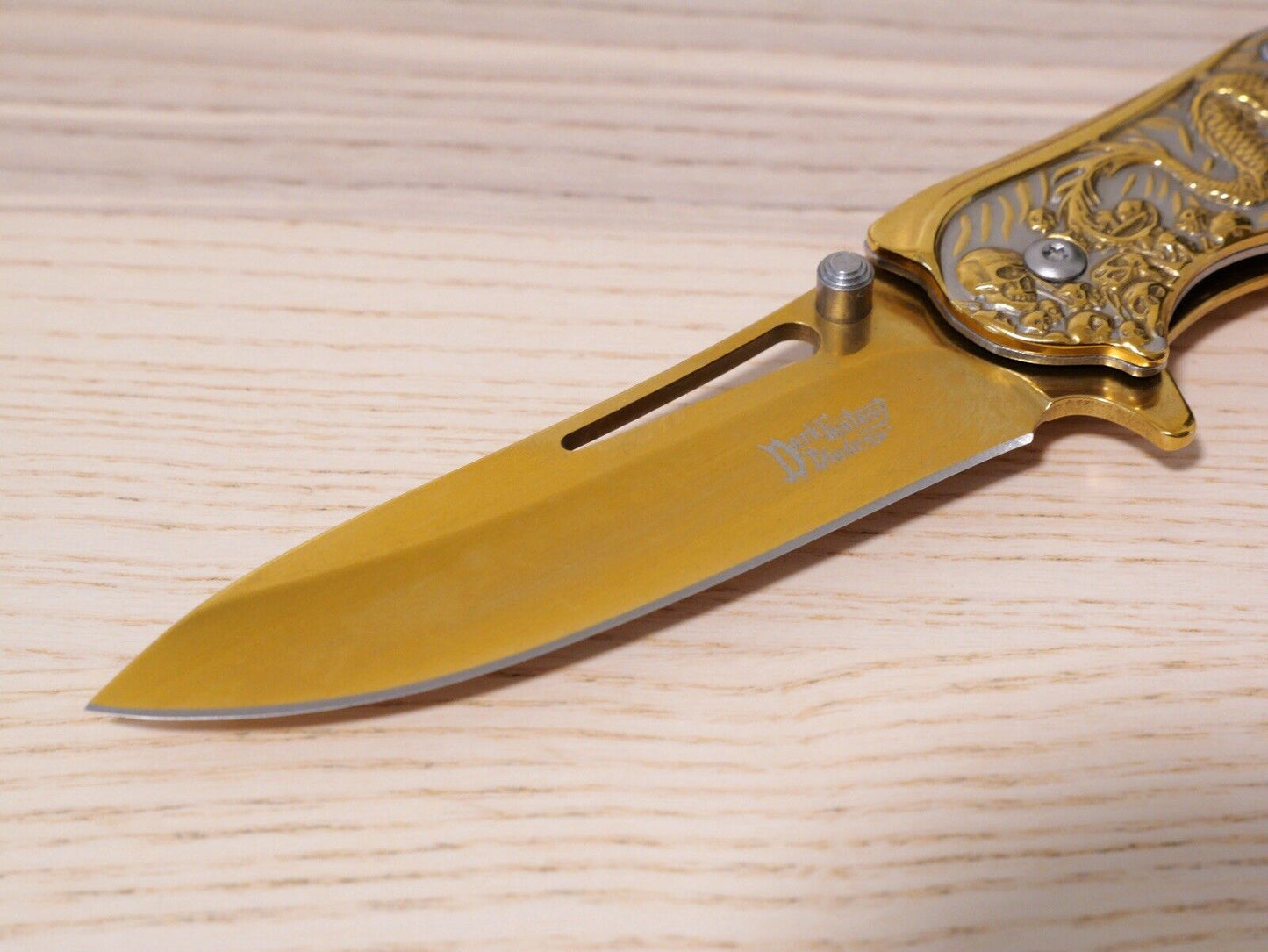 Full Size Gold Dragon Spring Assist Pocket Knife All Metal Sharp Clip 9” Edc
