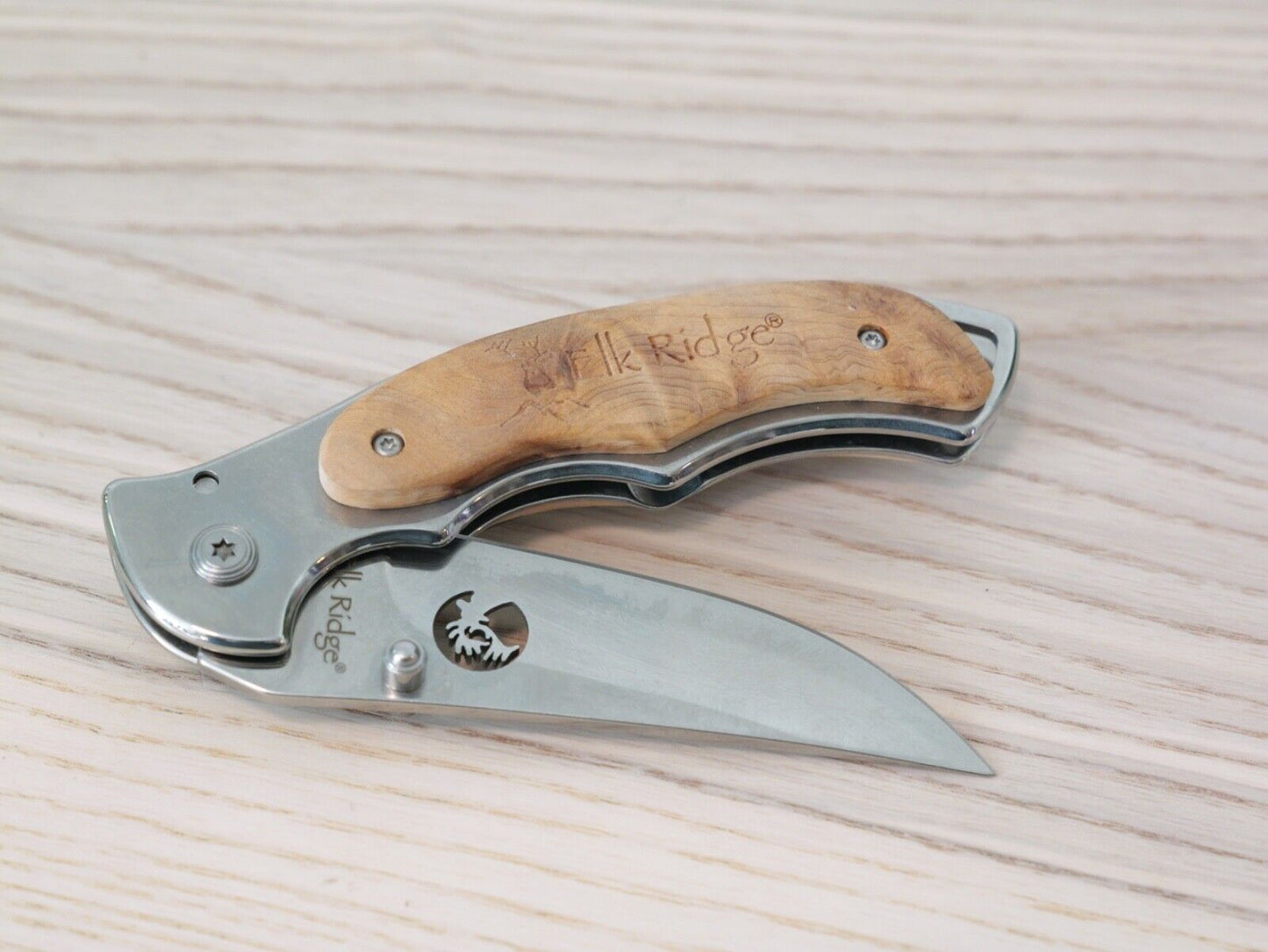 Elk Ridge Manual Pocket Knife Burlwood Handle Stainless Steel Chrome Belt Clip