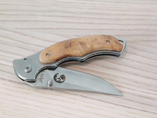 Elk Ridge Manual Pocket Knife Burlwood Handle Stainless Steel Chrome Belt Clip