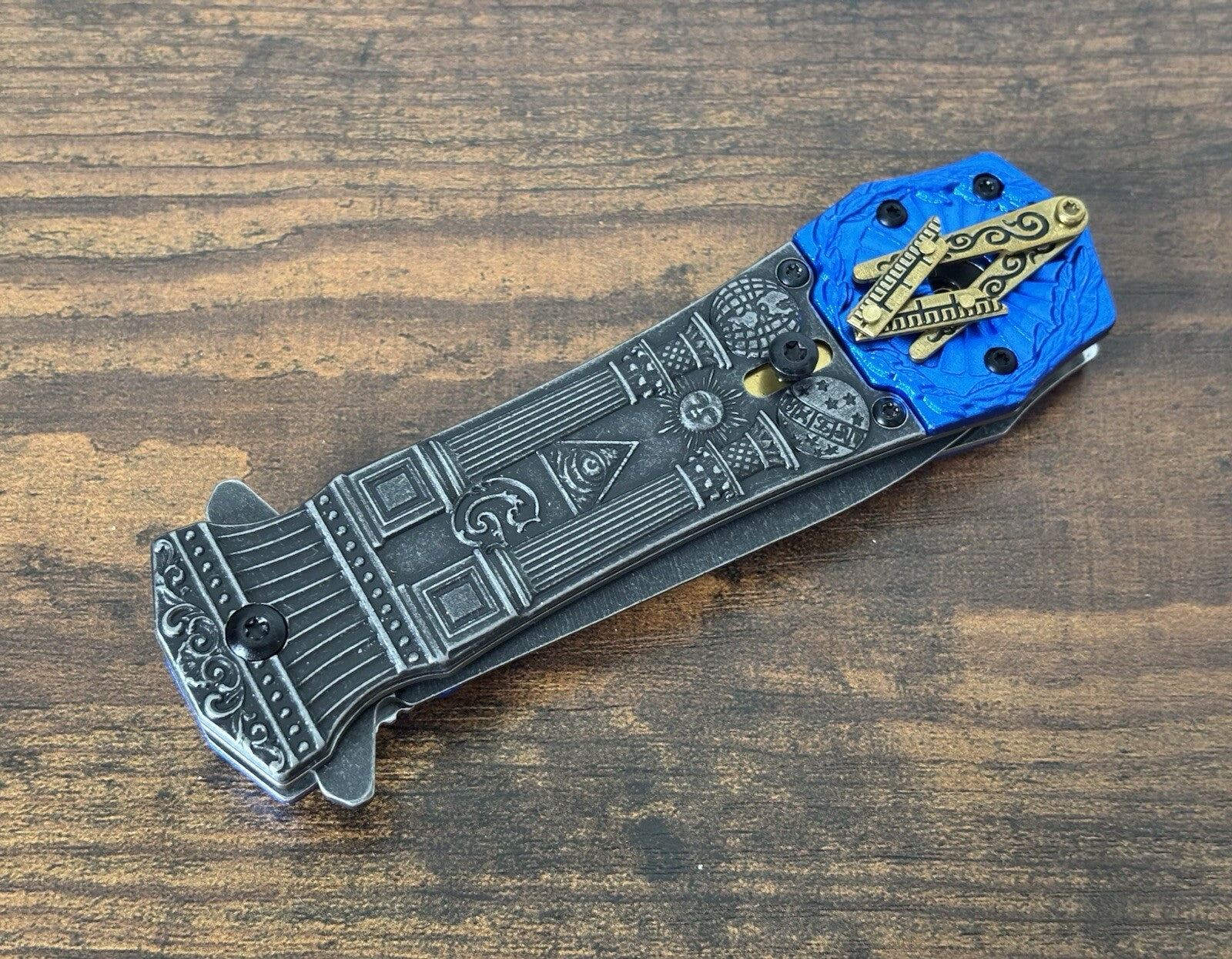 Mason Knife Spring Assist Pocket Knife Blue Gray Belt Clip Spear Point G Masonic