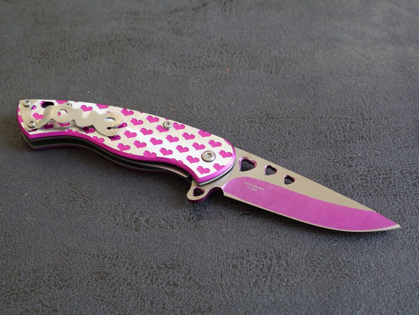 Ladies Pocket Knife Pink Hearts Mini 3.5” Belt Clip Spring Assist Cute Girly Edc