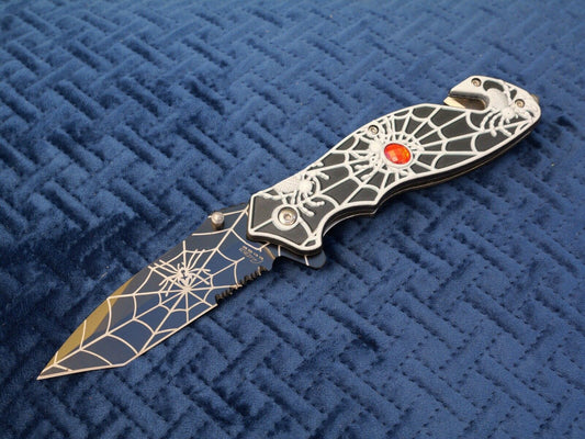 Black Pocket Knife Tanto Spider Web Window Punch Seat Belt Cutter Assisted Sharp