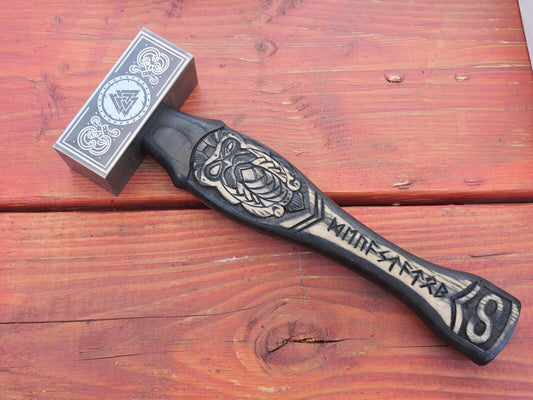 15” Dwarven Hammer Hand Forged Carbon Steel HEAVY Wood Handle Engraved 5x2 Head