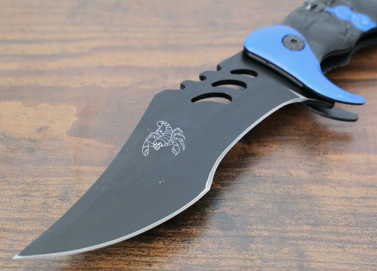 Scorpion Pocket Knife Black Blue XL 1065 High Carbon Steel Belt Clip Tactical