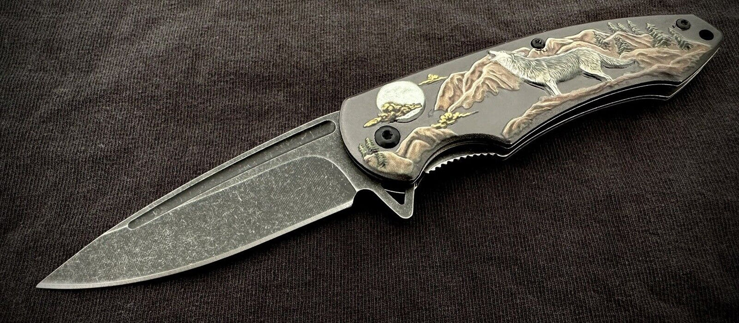 Wolf Pocket Knife Folding Spring Assist Howling Moon Full Size EDC 🐺Tactical 8”