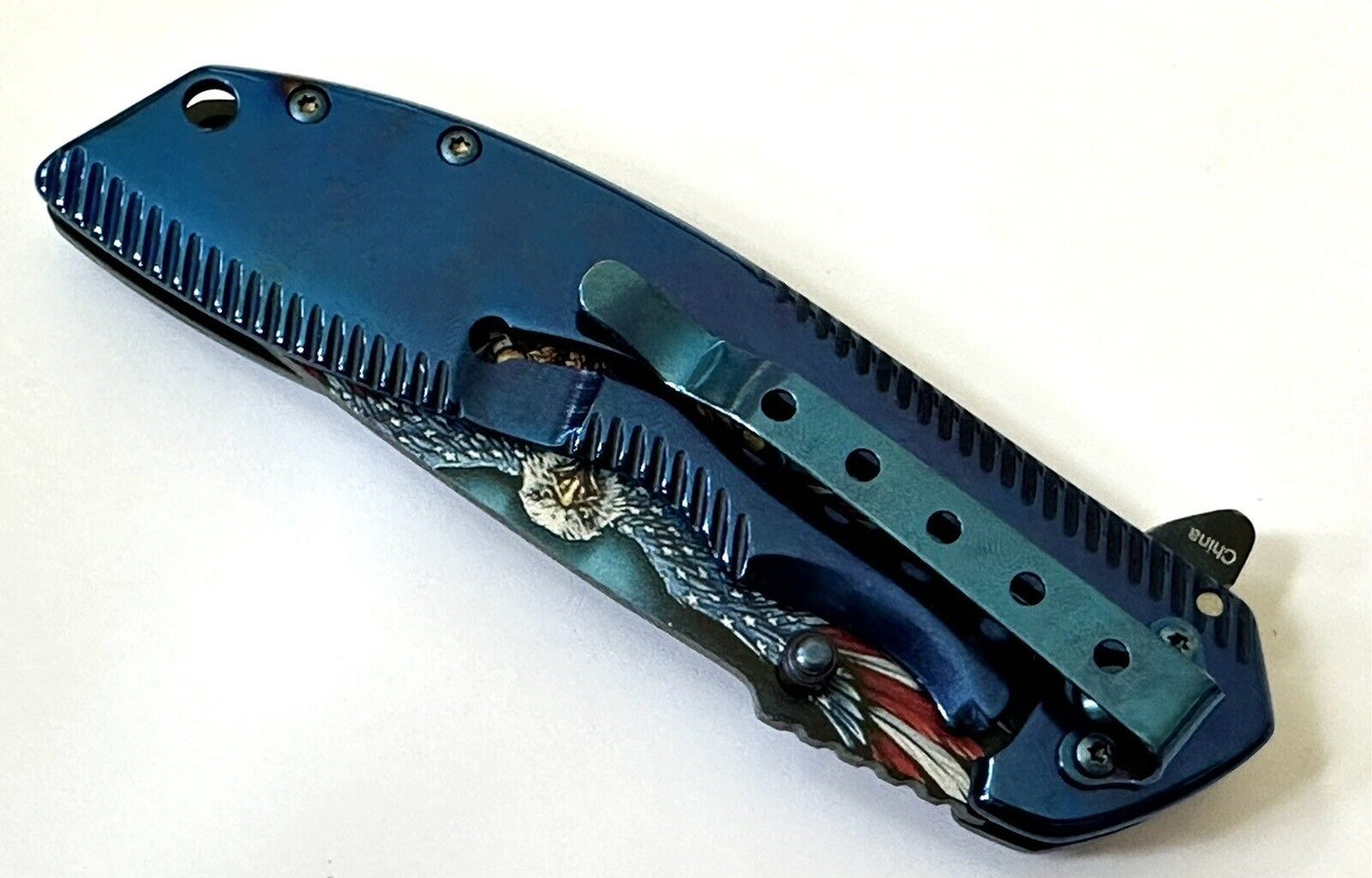 American Eagle Flag Pocket Knife Blue Metal Freedom Full Size 4.5” Sharp Edc