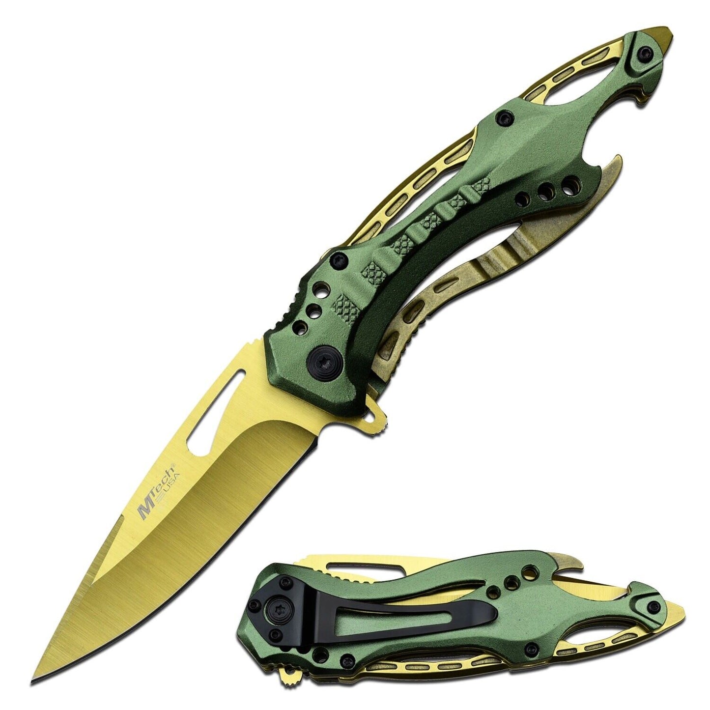 Full Size Spring Assist Pocket Knife Green Bottle Opener Screw Driver 3.5" Blade