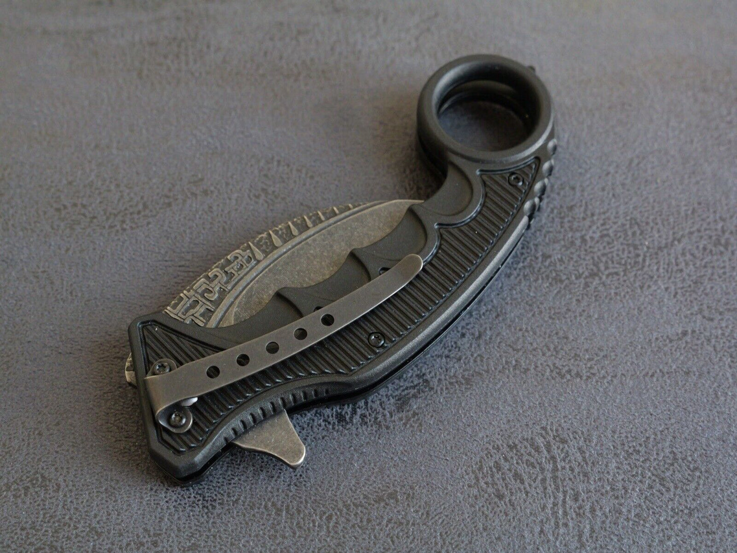 6” Karambit Black Stonewashed Modern Black Engraved Pocket Clip Edc Assisted