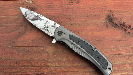 Deer Pocket Knife Full Size Spring Assist Metal Handle Etched Blade Modern New