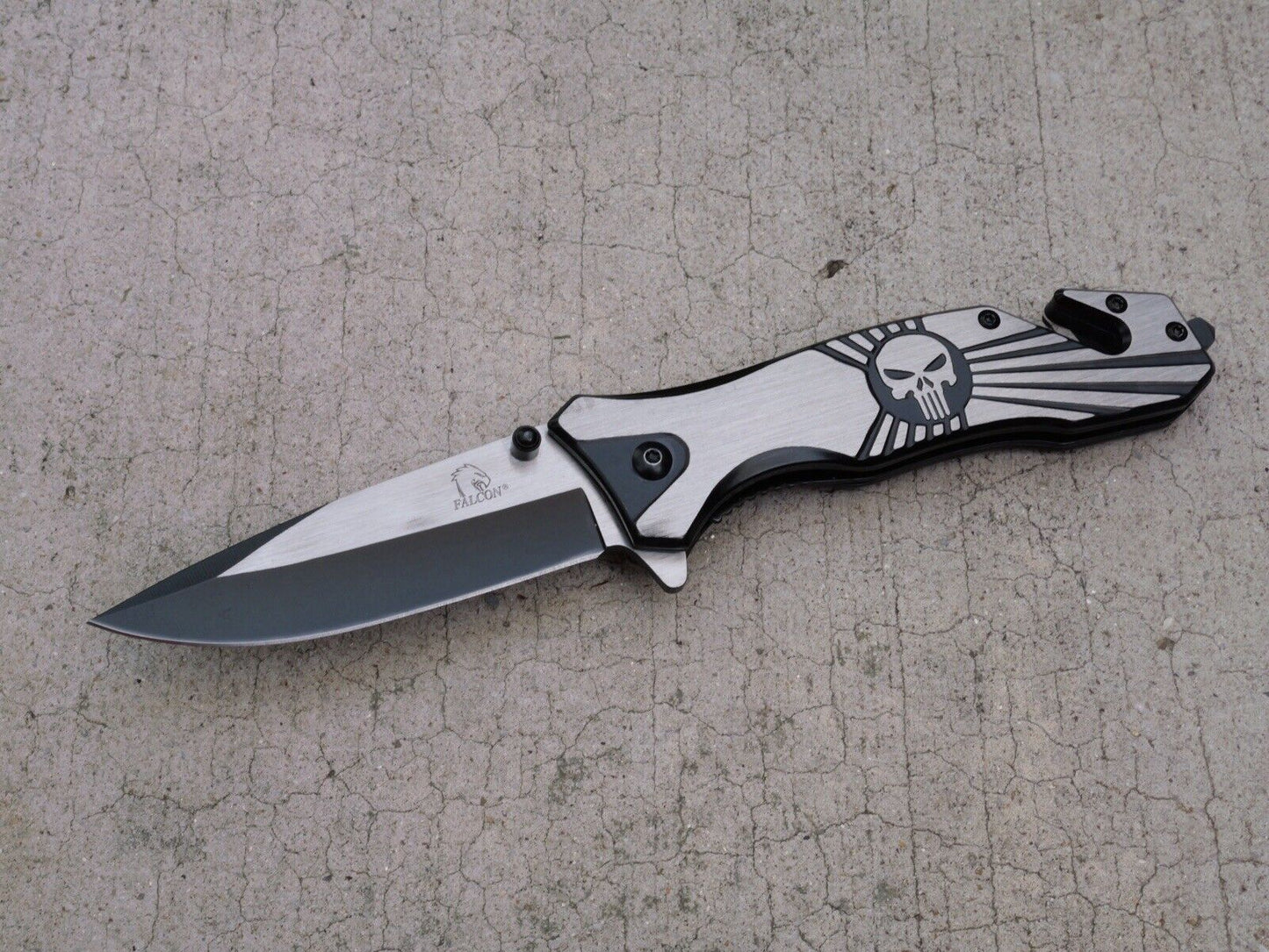 Skull Punisher Pocket Knife All Metal Full Size Window Punch Spring Assist Black