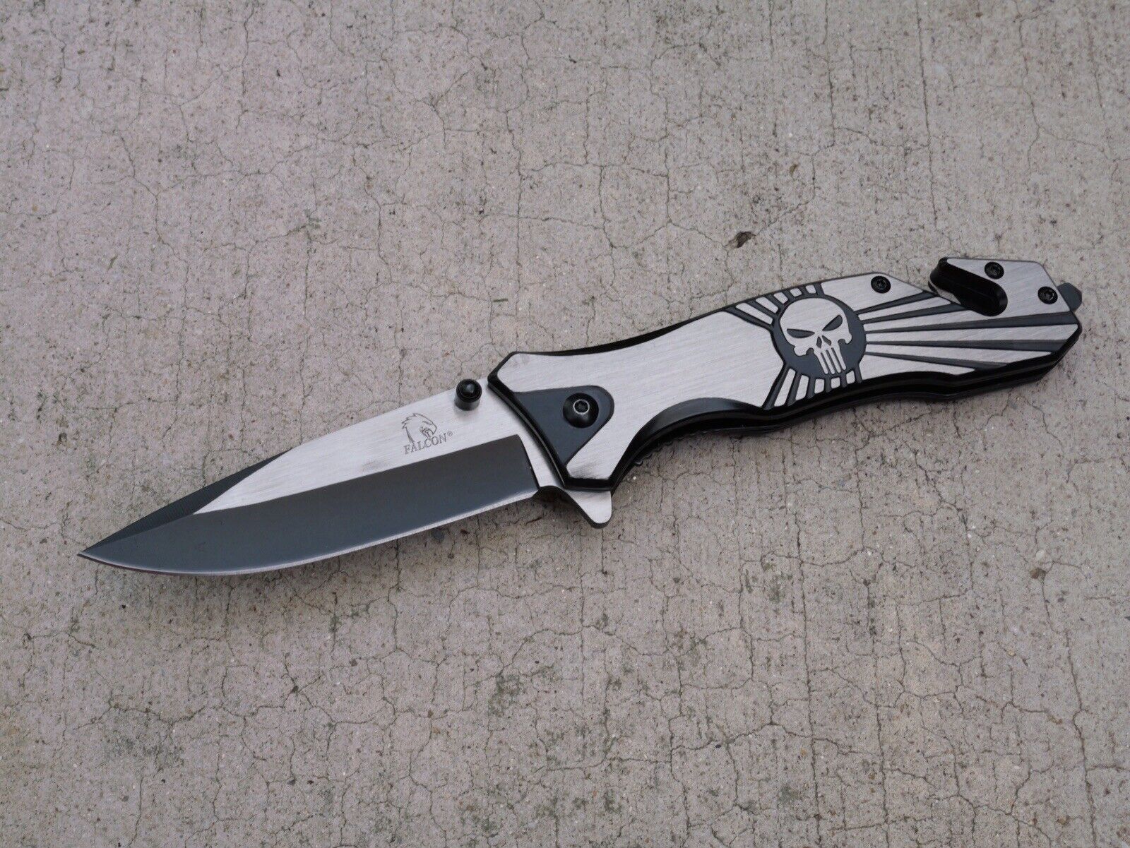 Skull Punisher Pocket Knife All Metal Full Size Window Punch Spring Assist Black