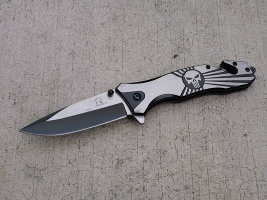 Skull Punisher Pocket Knife All Metal Full Size Window Punch Spring Assist Black