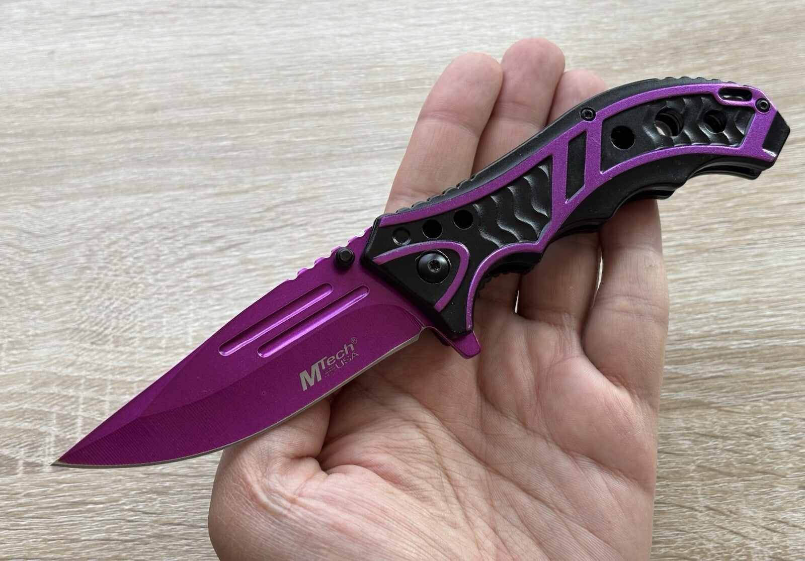 Purple Pocket Knife Spring Assisted Black Ladies Self Defense Girly Full Size