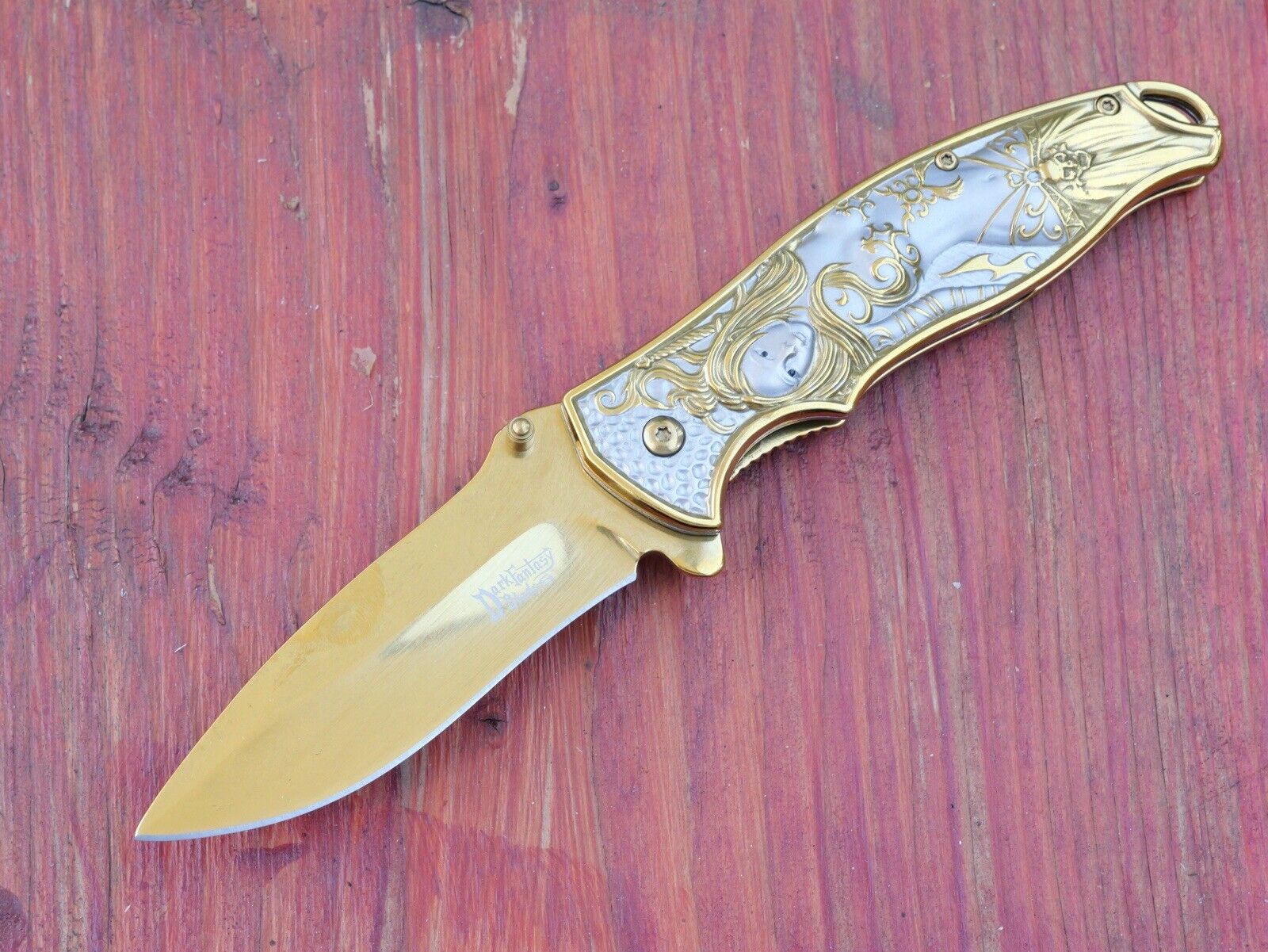 Mermaid Pocket Knife Full Size 3D Metal Handle Sharp Gold Spring Assist Clip